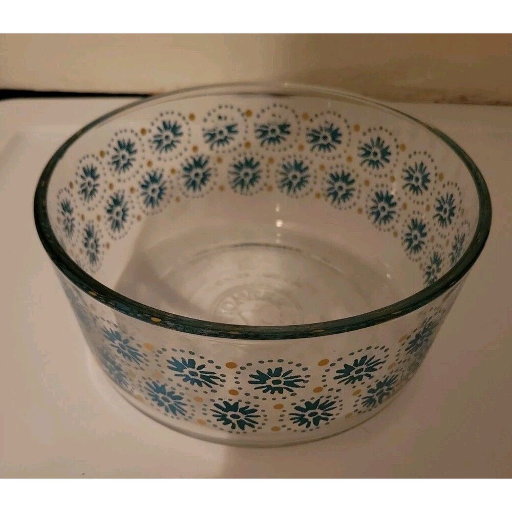 Pioneer Woman Dandelion Design Teal 1.75 Quart Glass Bowl 7 cups Floral Gold